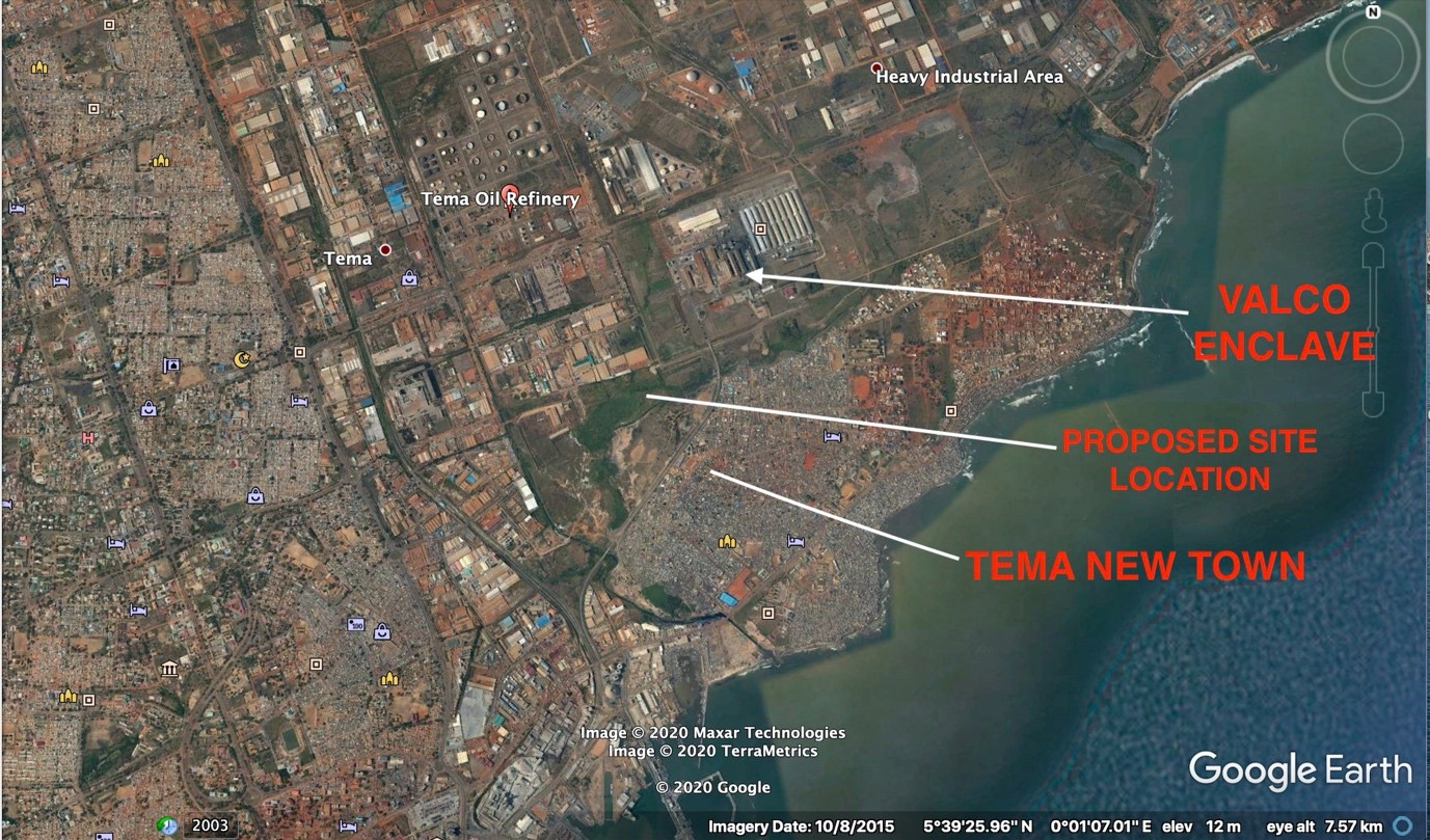 Fig. 1: Location of the Proposed Sentuo Oil refinery relative to the Tema Heavy Industrial Area and Tema New Town