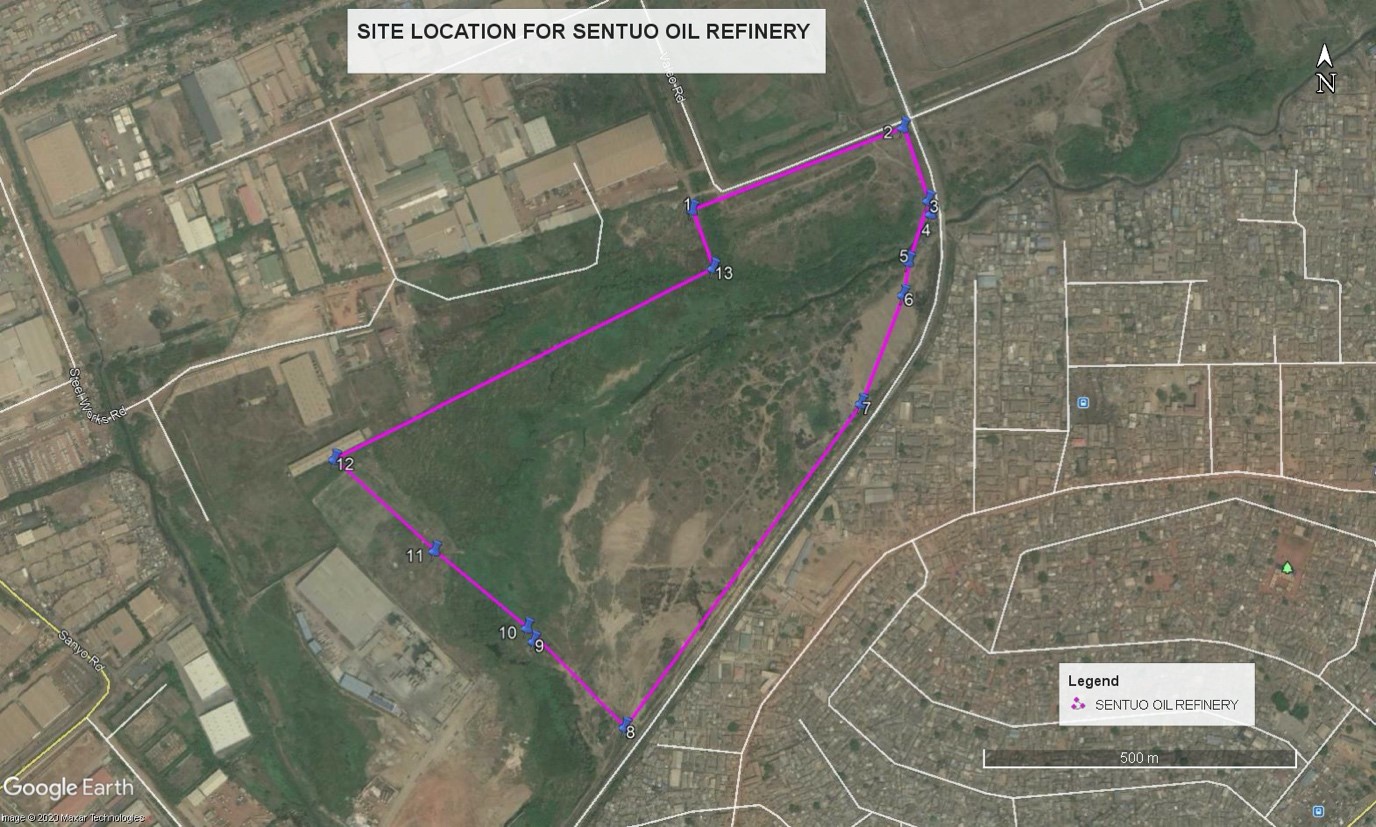 Fig. 2: The exact land take of the Proposed Sentuo Oil refinery of the Chemu catchment area (Plotted from the coordinates of Sentuo site plan of the proposed Oil Refinery).